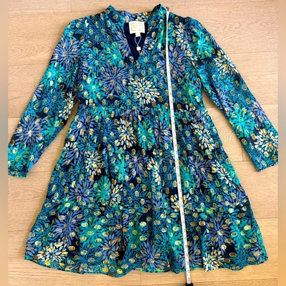 NWT STS Sail to Sable Floral Silk Teal, Blue anf Gold Metallic Dress size Medium - Picture 6 of 10